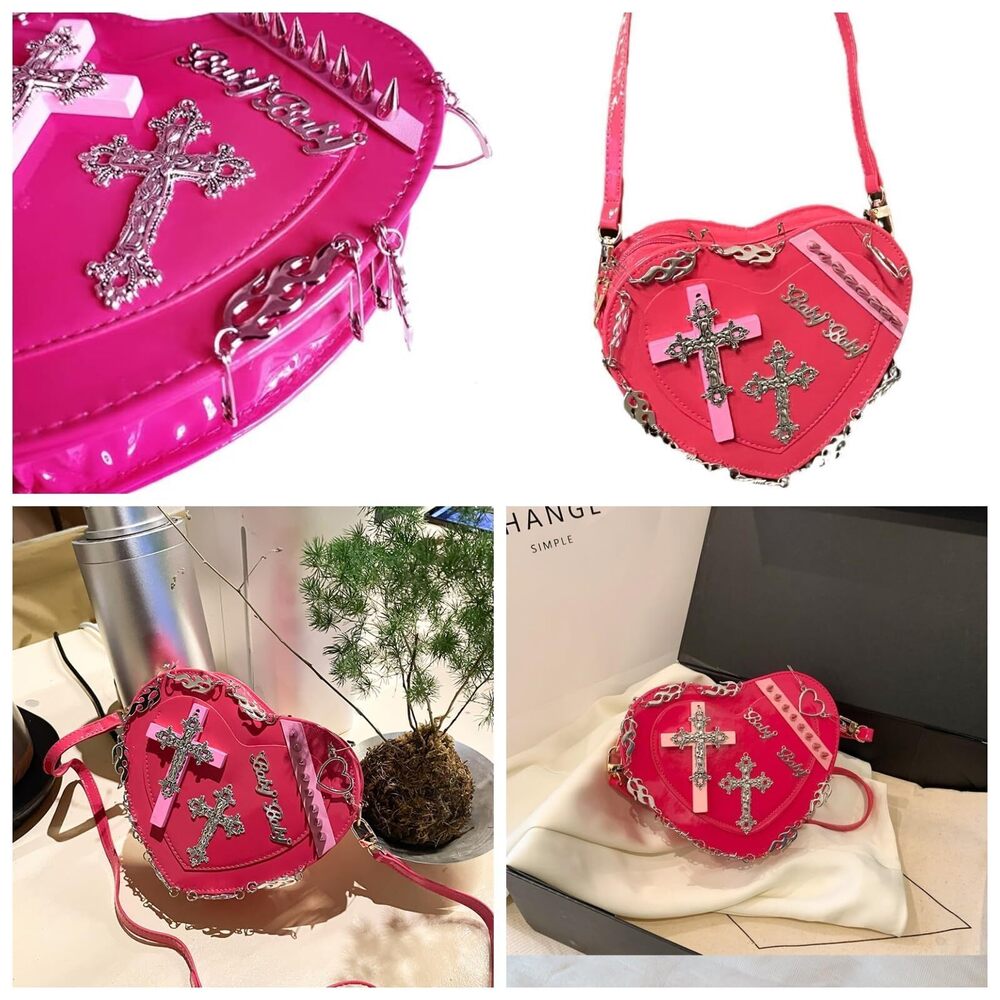 9534 Gothic Punk Purse Cross Studded Heart Shoulder Bag Y2K Girls Lolita - Picture 4 of 9